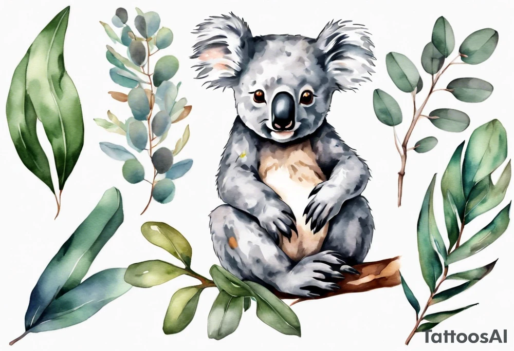 koala sitting on wattle and eucalyptus leaves tattoo idea