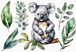 koala sitting on wattle and eucalyptus leaves tattoo idea