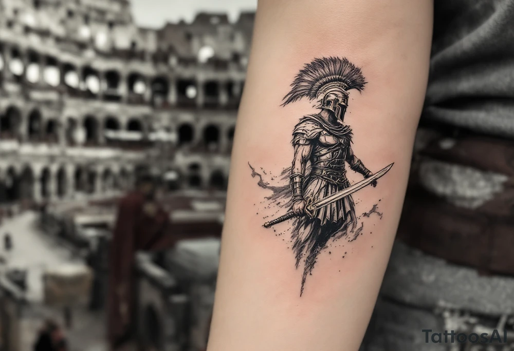 gladiator roman soldier standing colosseum interior combat sword helmet cape sand wind eagle legion tattoo idea