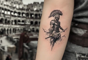 gladiator roman soldier standing colosseum interior combat sword helmet cape sand wind eagle legion tattoo idea