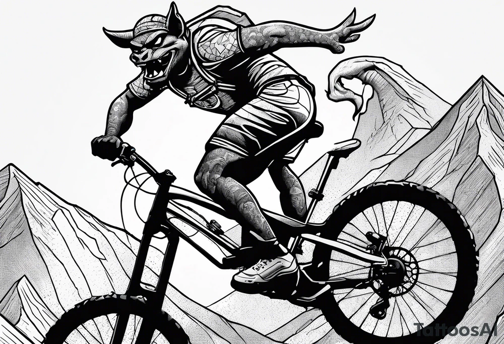 gargoyle riding a full suspension mountain bike with a shadow no background tattoo idea