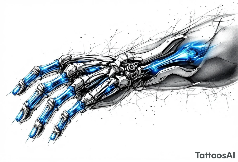 A transparent overlay effect showing the hand's inner mechanical structure, with shimmering metallic blue bones and joints. tattoo idea