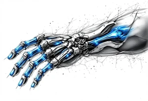 A transparent overlay effect showing the hand's inner mechanical structure, with shimmering metallic blue bones and joints. tattoo idea