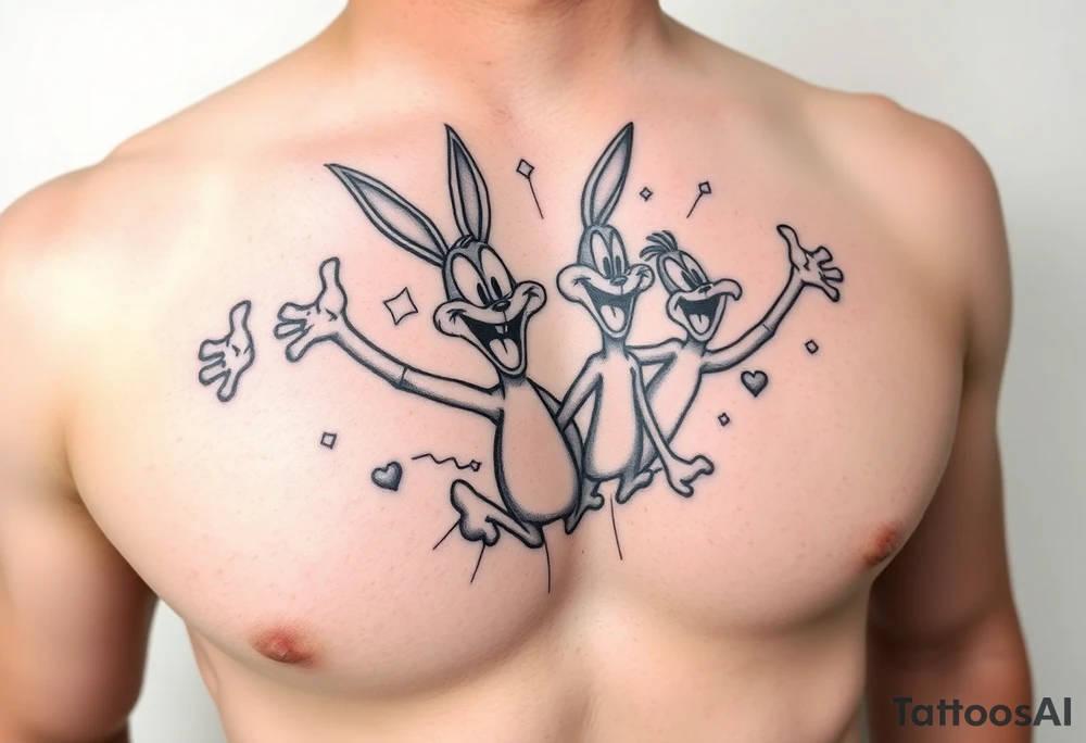 right rib cage i want the looney toons breaking out and as their body parts exit they turn to bones (representing my four kids 3 boys 1 girl) tattoo idea
