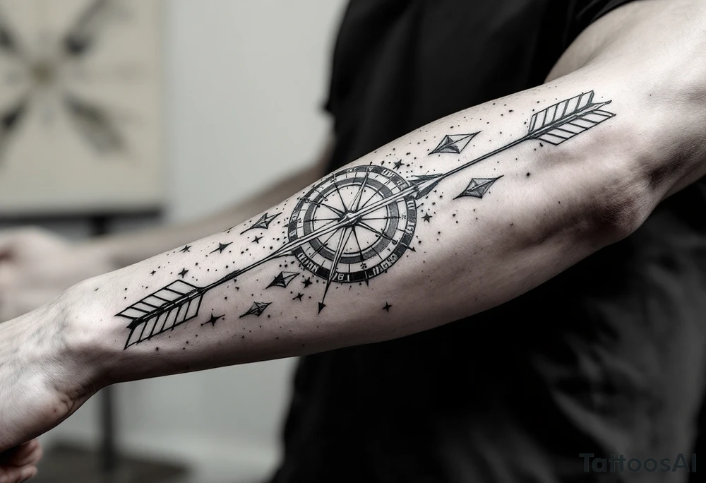 Bow and arrow arm with kompass but simple fineline small tattoo idea