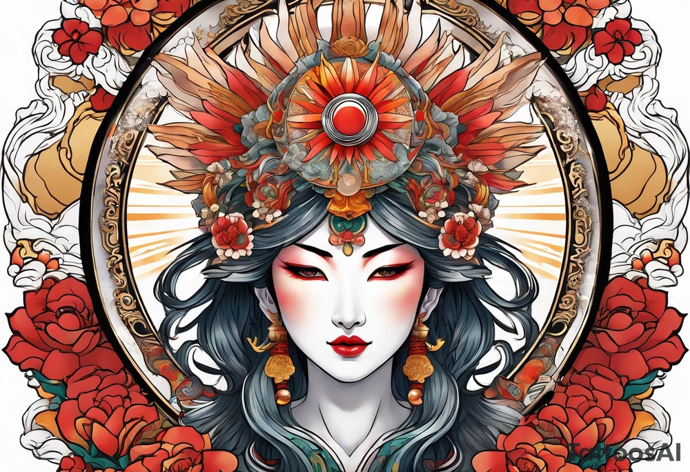 Japanese sun goddess Amaterasu with headdress holing mirror tattoo idea