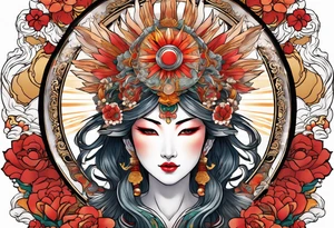 Japanese sun goddess Amaterasu with headdress holing mirror tattoo idea