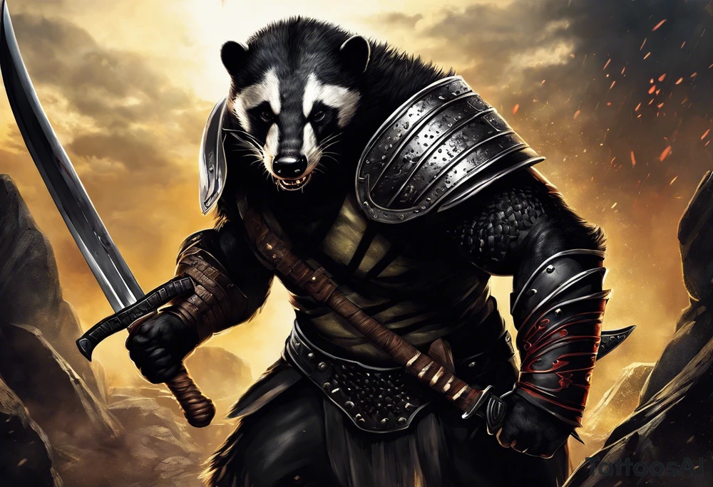 Draw me psychopath Honey Badger/Berserker with aggressive full body, killer face with a scary smile, very long nails and he attacks like a Bloody Assassin/Warrior/Gladiator to us and also, he has very deadly looking. He fights with his nails only. Everybody scares after their first sight. Give me horror type Badger Tattoo. I want to see his Realistic full body with no weapons. You can show destruction at the back. tattoo idea