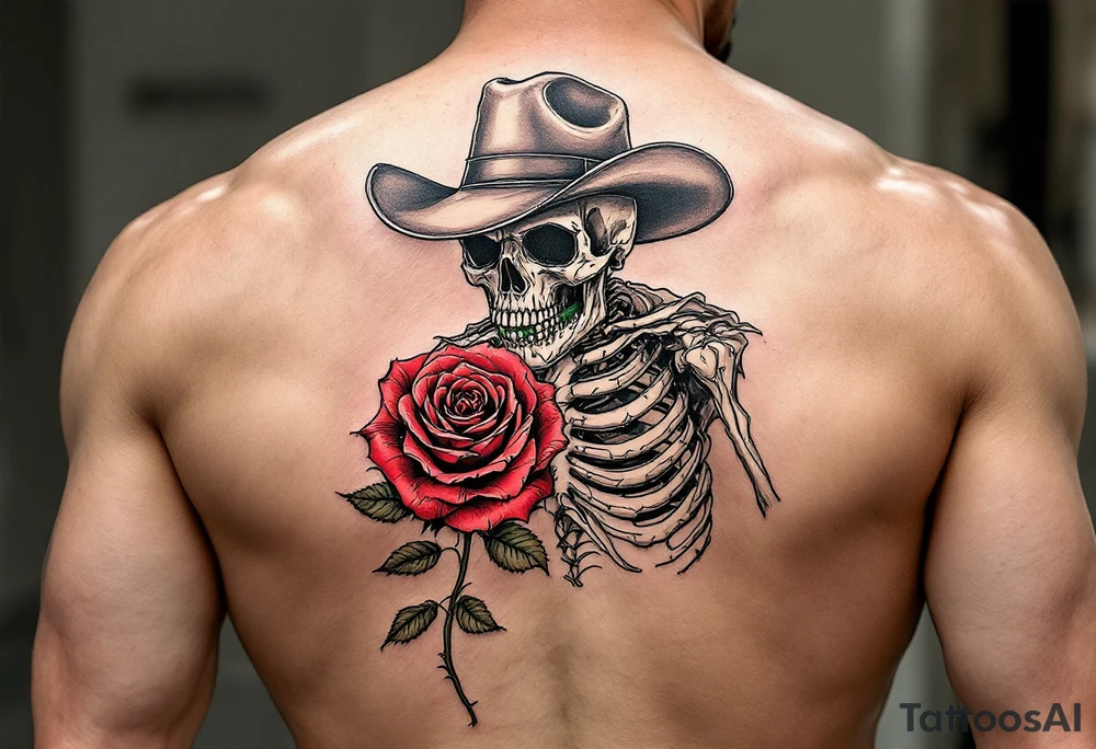 a full body skeleton cowboy gunslinger with a rose in his mouth. tattoo idea