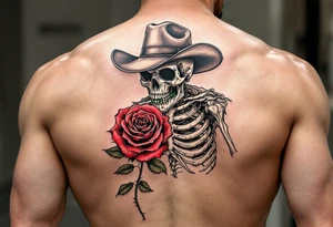 a full body skeleton cowboy gunslinger with a rose in his mouth. tattoo idea