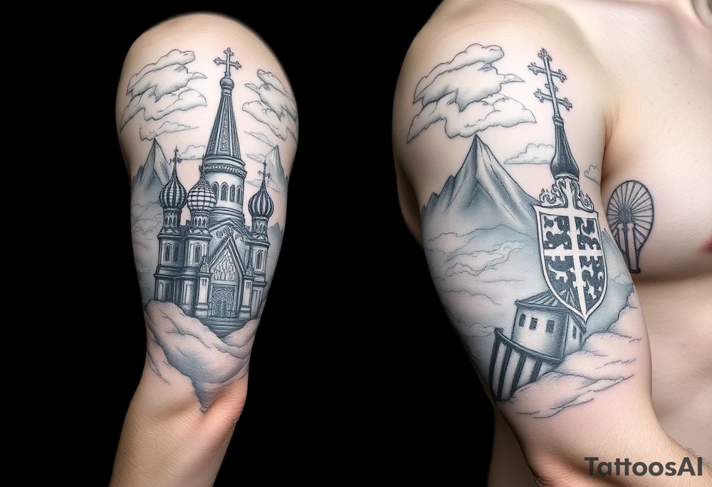 russian orthodox christian left arm tattoo with st basils cathederal in a mountainous setting with clouds with a russian coat of arms tattoo idea