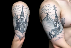 russian orthodox christian left arm tattoo with st basils cathederal in a mountainous setting with clouds with a russian coat of arms tattoo idea