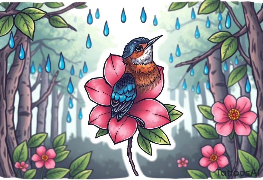 forest background with blue rain drops, pink camelia flower and blue and brown wren bird tattoo idea