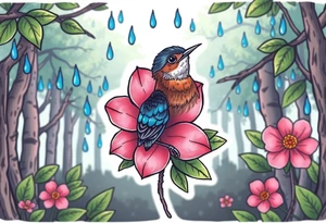 forest background with blue rain drops, pink camelia flower and blue and brown wren bird tattoo idea