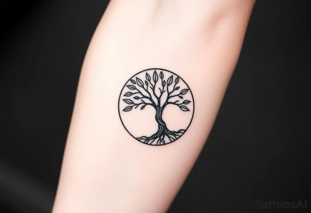 Tree with few leaves, encircled in a circle, with a line starting from the left roots, and spiraling outward in a 
clockwise direction tattoo idea