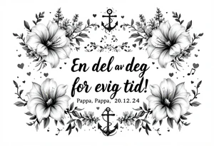 Quote in two rows; En del av deg for evig tid! Pappa, 20.12.24. Surround the quote with gladioluses on both sides, hearts, music notes and an anchor. tattoo idea