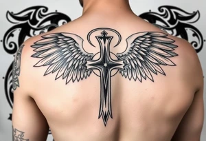 templar cross with angel wings mystical esoteric background on upper arm with tribal surround tattoo idea