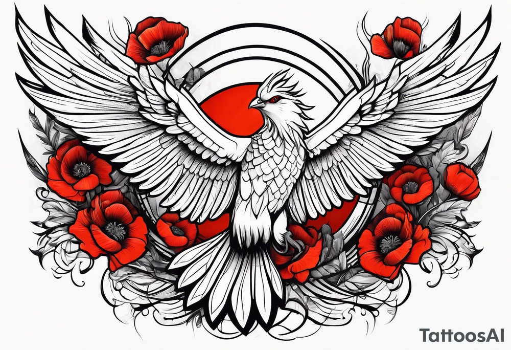abstract pheonix holding red poppies in flight tattoo idea