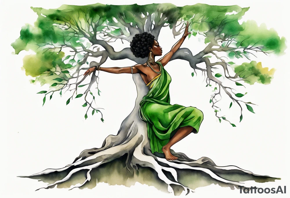 a tree trunk with roots that is a black woman from the waist up, feet made of tree roots, wearing a green tunic, arms stretched upwards towards the noon sun tattoo idea