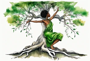 a tree trunk with roots that is a black woman from the waist up, feet made of tree roots, wearing a green tunic, arms stretched upwards towards the noon sun tattoo idea