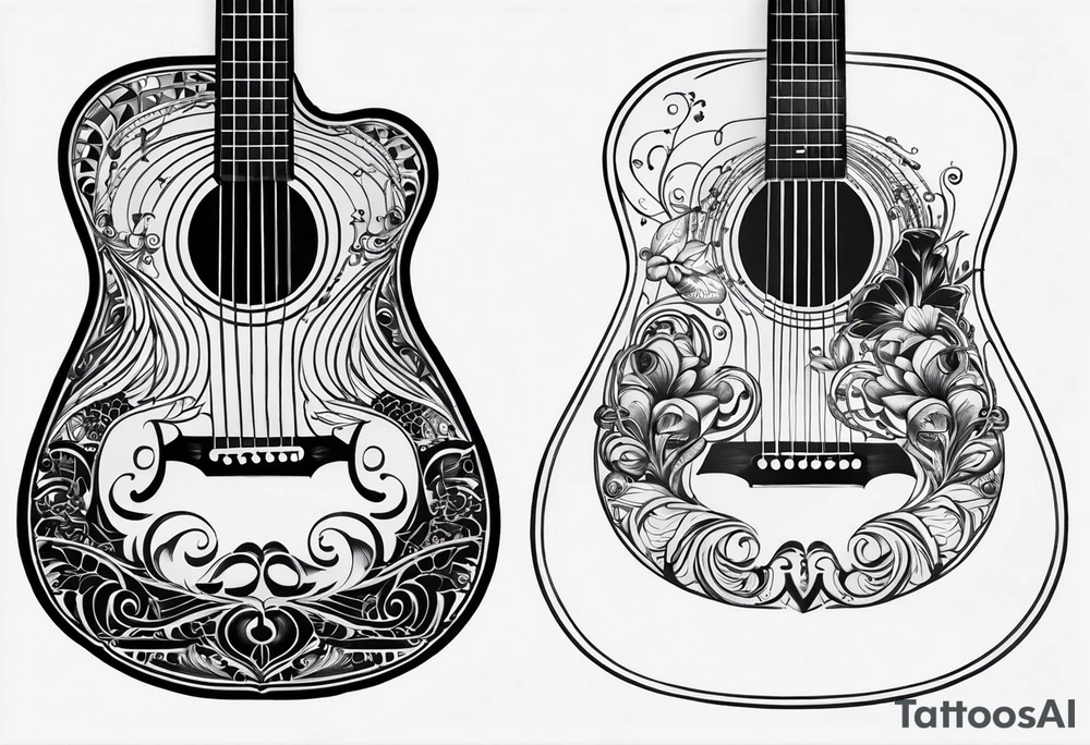 A minimalist guitar design, small in size, with clean lines and vintage detailing. The guitar represents a deep connection to music, with a classic, understated design that captures its essence without embellishments. tattoo idea