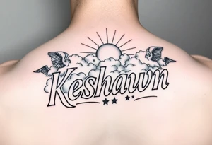The name Keshawn with some clouds and realistic sun rays beaming out of the clouds with angels around his name tattoo idea