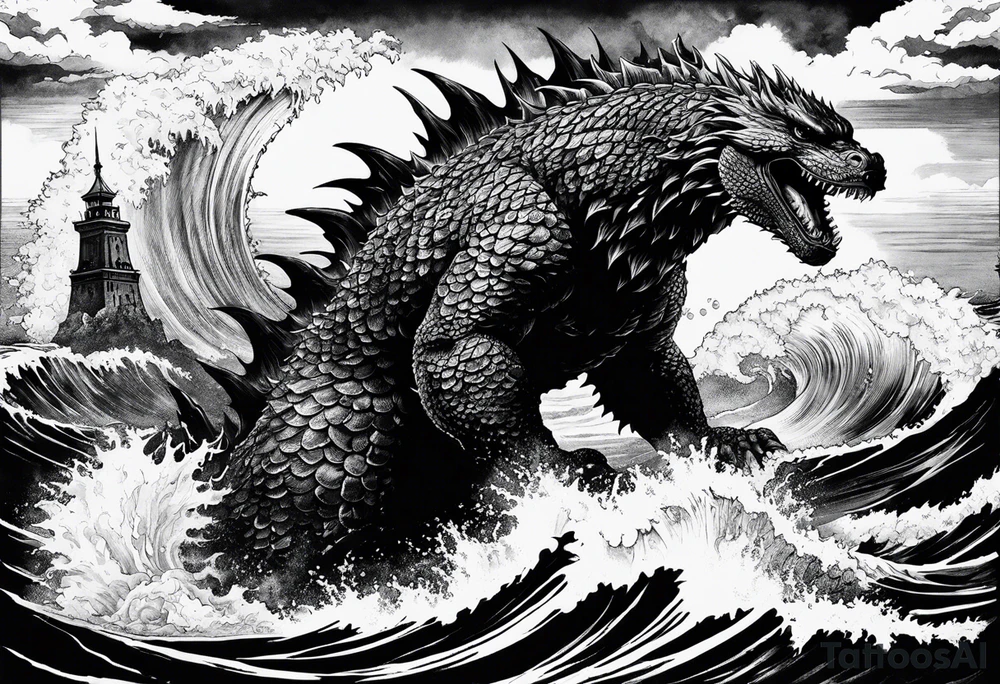 1995 Godzilla in the ocean tattoo idea