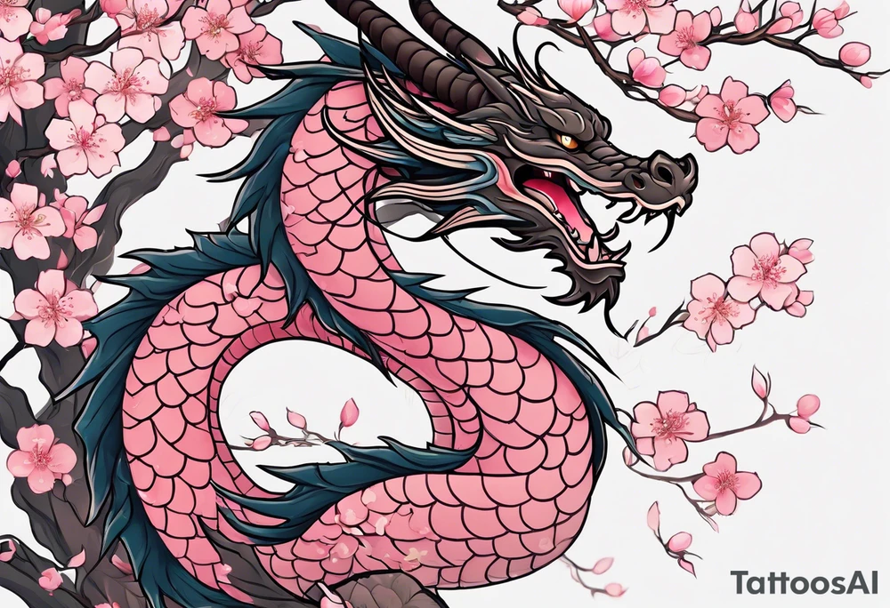 Delicate feminine simple dragon intertwined in cherry blossom, soft lines, soft dragon, pleasant dragon, beautiful cherry blossom tattoo idea