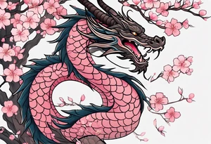 Delicate feminine simple dragon intertwined in cherry blossom, soft lines, soft dragon, pleasant dragon, beautiful cherry blossom tattoo idea