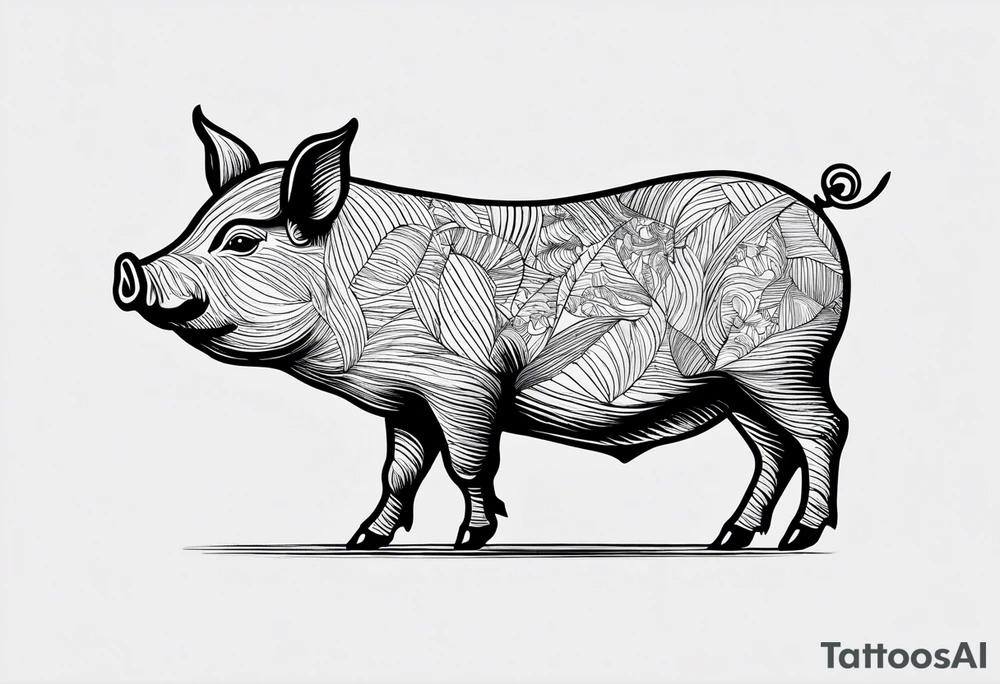 minimalist tattoo of a cute pig or piglet that contains text: "friends. not food" 

only very thin lines. no shading. black and white only tattoo idea