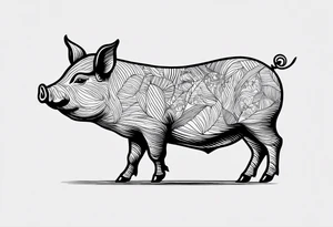 minimalist tattoo of a cute pig or piglet that contains text: "friends. not food" 

only very thin lines. no shading. black and white only tattoo idea