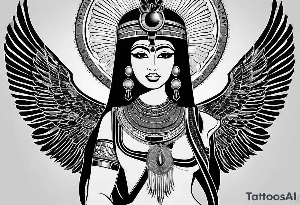 black and white Egyptian goddess Isis, who is often depicted as a woman with outstretched wings, holding an ankh (a symbol of life) in one hand and a lotus flower in the other. Her headdress often includes a throne or a solar disk. The tattoo design can vary in style and size, but it typically aims to capture the essence of this revered Egyptian deity, emphasizing her beauty, power, and maternal qualities. The choice of colors and additional elements can also be customized to create a unique and visually striking representation of the goddess Isis tattoo idea