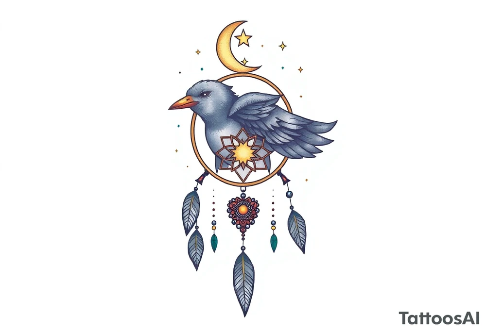 Raven dream catcher milky way moon shooting star tattoo idea