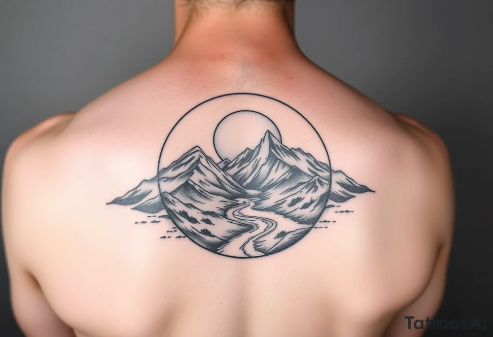 mountais. rive and sunrise, devide it in one circule tattoo idea