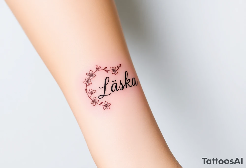 A golden infinity loop with tiny cherry blossoms surrounding the word "Láska", representing beauty, romance, and fleeting yet eternal love tattoo idea