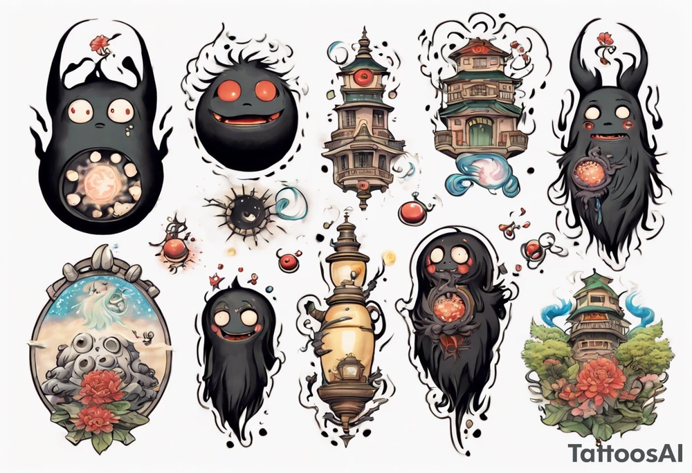 spirited away, chihiro, soot sprites, neotraditional style tattoo forearm tattoo idea