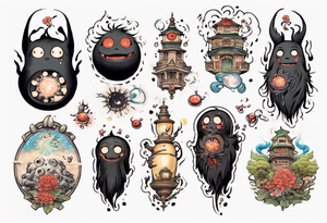 spirited away, chihiro, soot sprites, neotraditional style tattoo forearm tattoo idea