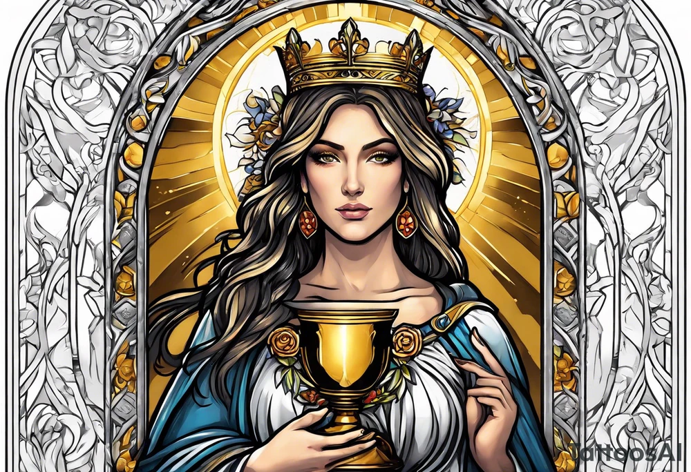woman saint holding chalice surrounded by golden halo sideways tattoo idea