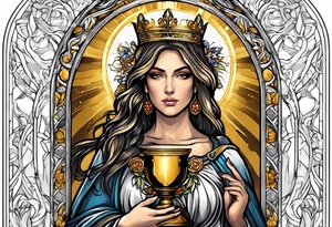 woman saint holding chalice surrounded by golden halo sideways tattoo idea