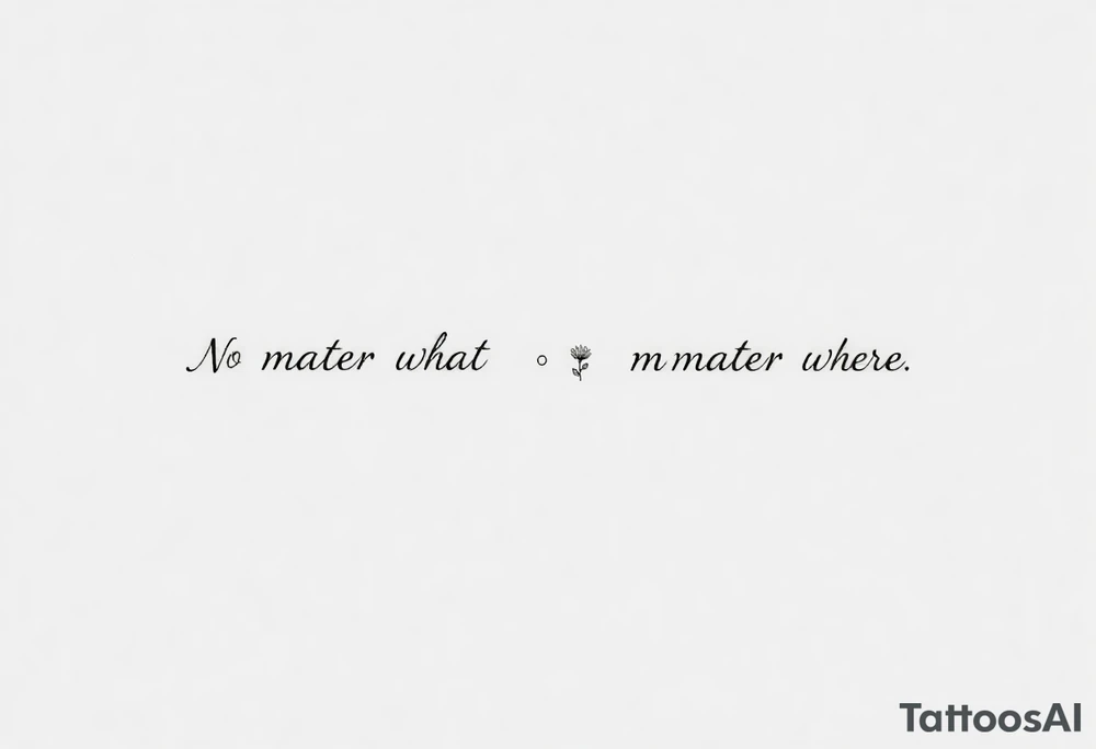 A delicate cursive tattoo with the quote ‘No matter what’ (for one person) and ‘No matter where’ (for the other), placed along the collarbone. At the end of each quote, incorporate a soft, feminine flower design — such as a small lotus, daisy, or wildflower — that flows naturally from the end of the text, as if the flower is part of the lettering or subtly blooming from the last word.

Design should feel light, elegant, and symbolic of connection and unconditional love between mother and daughter. Style should be fine line or single-needle, black ink only, minimalistic and graceful. tattoo idea