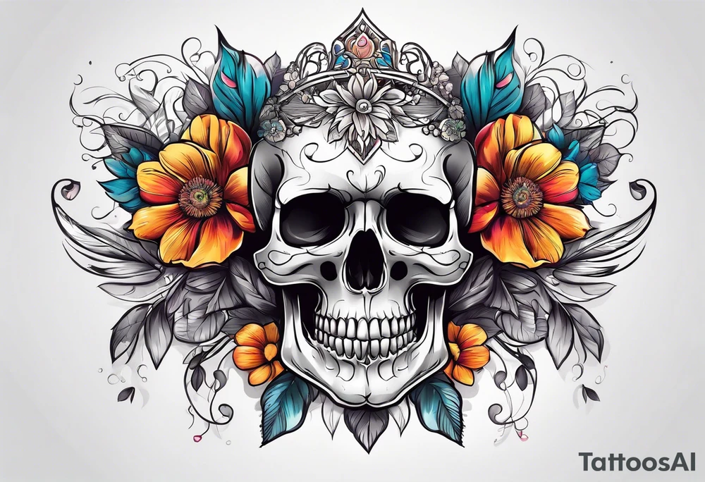 skull with flowers growing on top its head tattoo idea