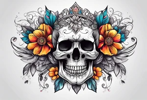 skull with flowers growing on top its head tattoo idea