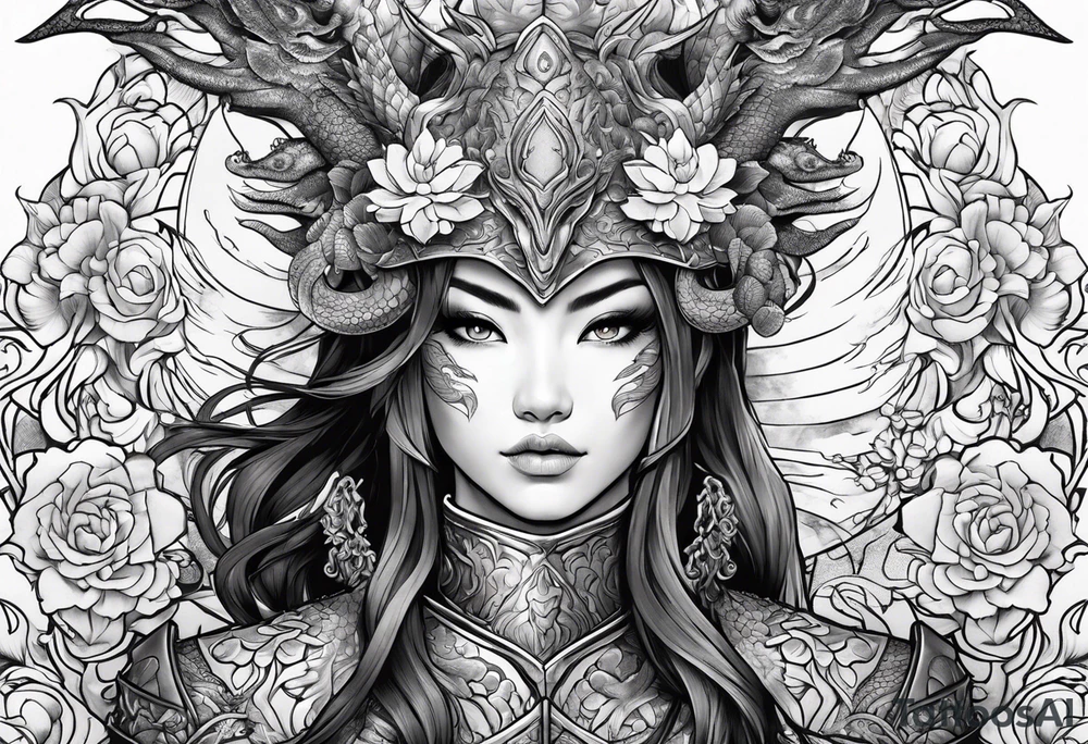 beautiful warrior woman wearing dragon armor and a floral background tattoo idea