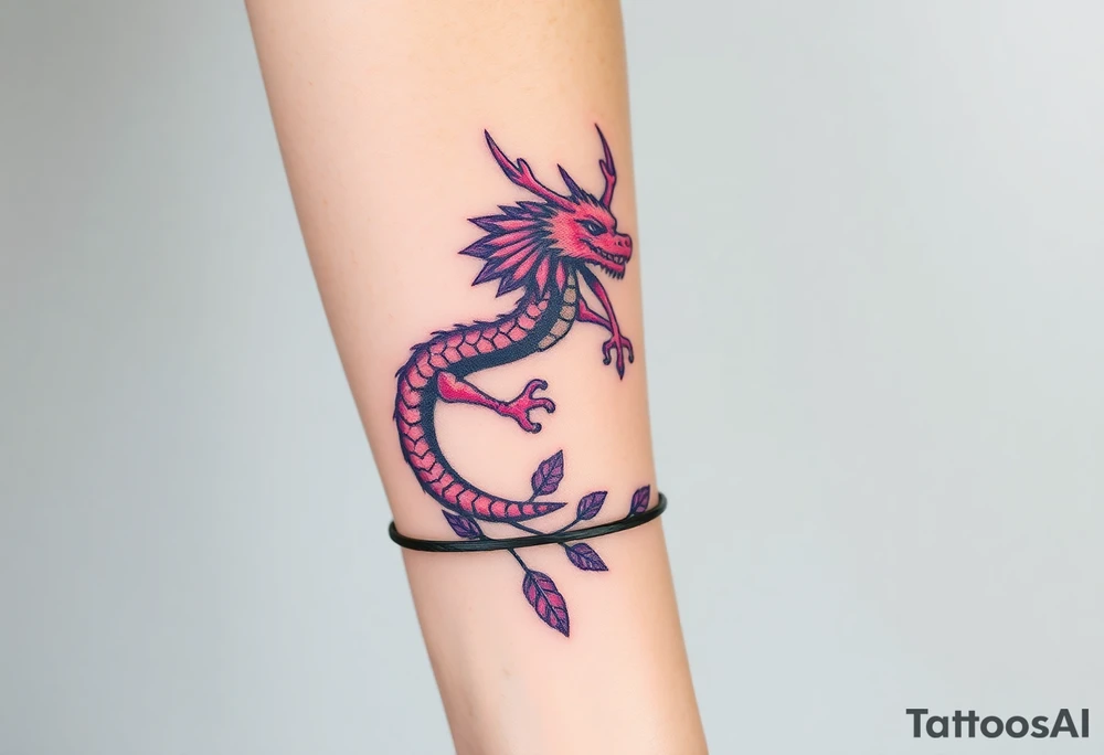 A bracelet wrapped around the arm dragon with purple and red tones, feathers and vines tattoo idea