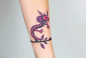 A bracelet wrapped around the arm dragon with purple and red tones, feathers and vines tattoo idea