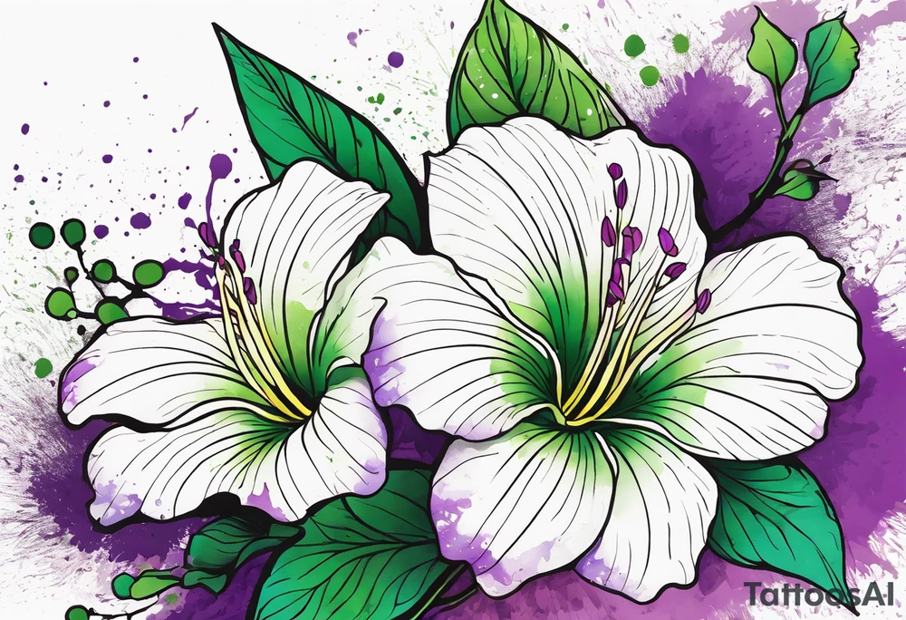 An outline of a rio dipladenia flower with a green and purple watercolor splash in the background tattoo idea