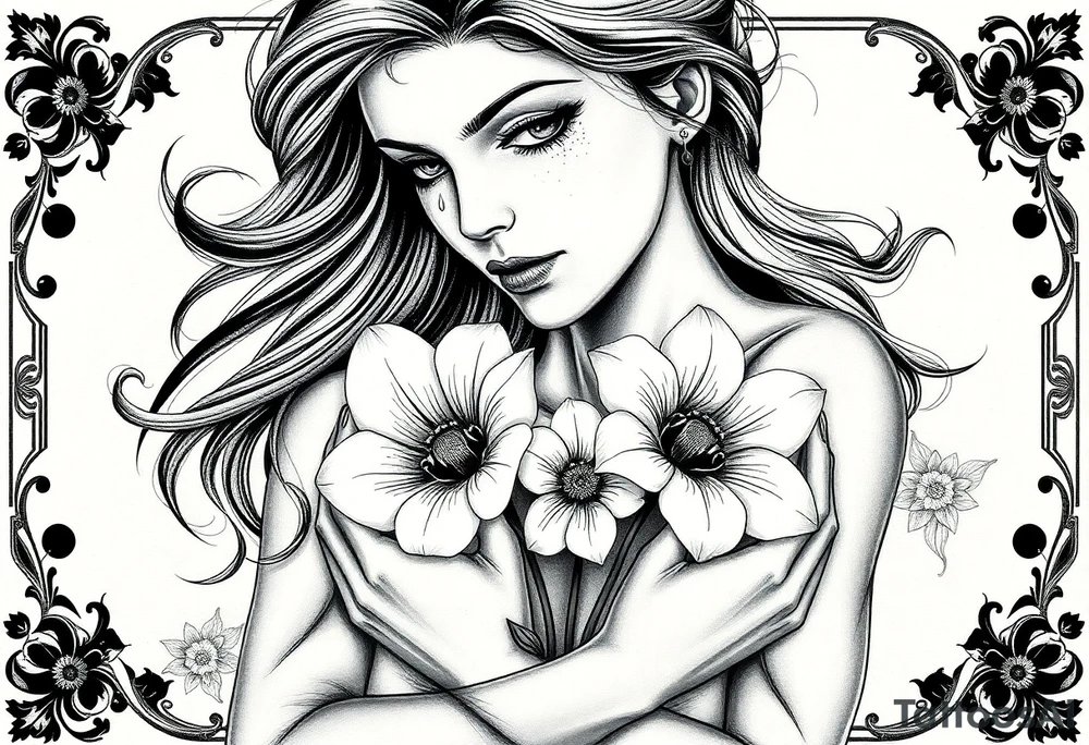 highly detailed black and grey tattoo-style illustration, same woman holding flowers with eyes in the petals, same pose, same proportions, delicate fine-line shading, stippling, flowing hair, single tear, graphite and ink on textured paper, ornate but subtle floral border, light background shading, art print aesthetic, no changes to face, hands, or flower positions --ar 2:3 --style raw --iw 2 tattoo idea