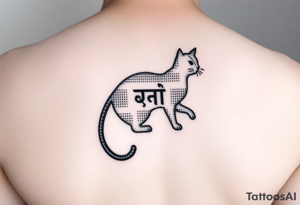 "Minimalist black tattoo of a quantum cat. Design elements:  
1. Outline made of binary code (alternating 0 and 1, crisp 1.5mm lines)  
2. Negative space inside body reveals hidden Sanskrit text ('अवलोकन न करें') when tilted  
3. Tail curves into a question mark  

Technical specs:  
- Pure black ink  
- Size: 8x5cm (forearm placement)  
- Style: geometric dotwork with optical illusion  

Philosophical hook: 'The cat only exists when unobserved'" tattoo idea
