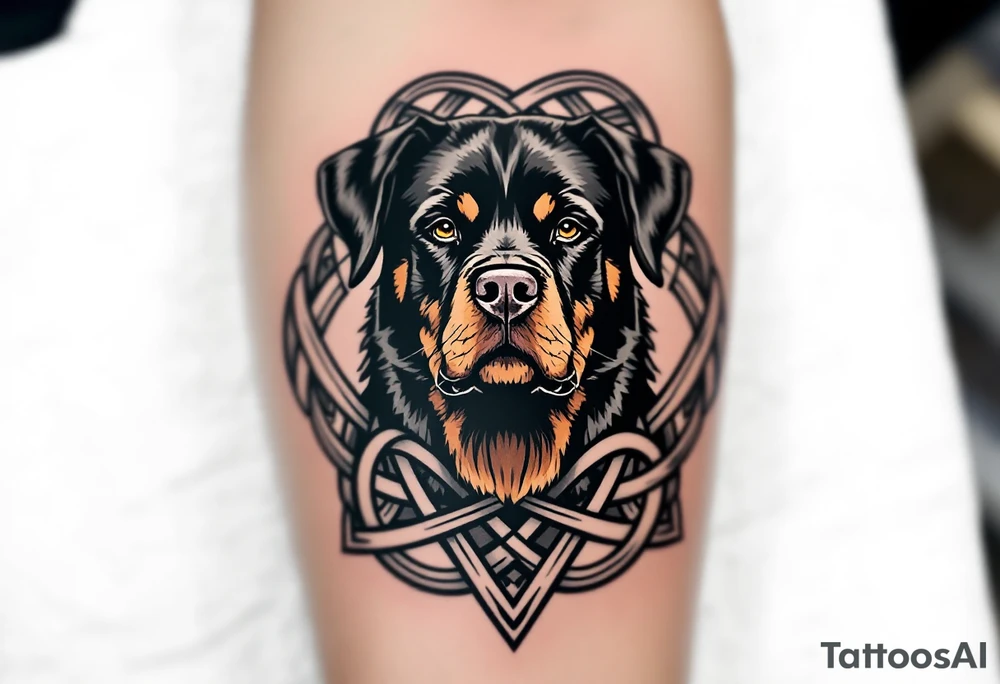Rottweiler and Celtic Knot – A black and grey Rottweiler surrounded by intricate Celtic knotwork, symbolizing eternal loyalty and protection. tattoo idea