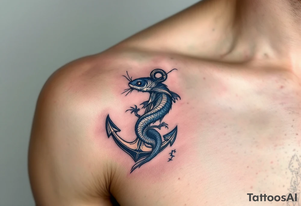 Catfish Wrapped Around Anchor – A dark blue-gray catfish coiled protectively around a weathered iron anchor, symbolizing strength, grounding, and loyalty. tattoo idea